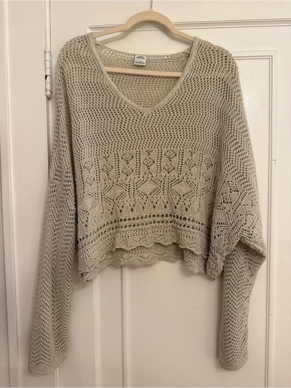 Urban Outfitters Open-Knit V-Neck Sweater in Light Beige